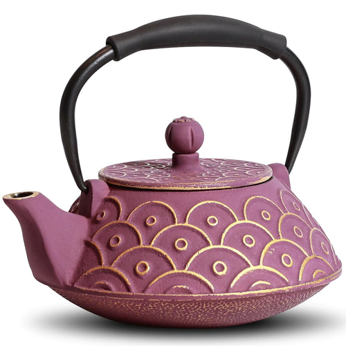 GUANGHEIRON Cast Iron Teapot 27oz Tea Kettle Stovetop Safe with Infuser for Tea & Coffee Japanese traditional fish scale pattern Tea Pot Enameled Interior Silicone Handle 800ml Purple