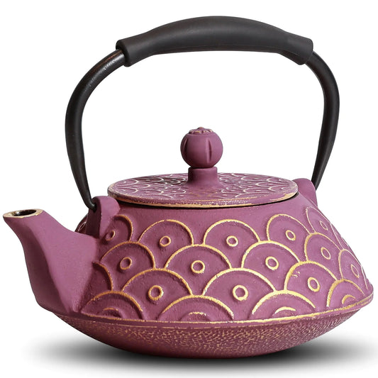 GUANGHEIRON Cast Iron Teapot 27oz Tea Kettle Stovetop Safe with Infuser for Tea & Coffee Japanese traditional fish scale pattern Tea Pot Enameled Interior Silicone Handle 800ml Purple