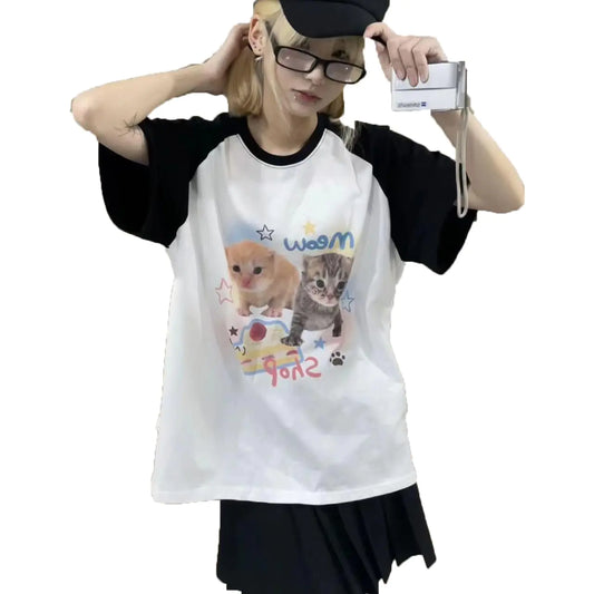 Womens Kawaii Cat Print T-Shirts Cartoon Letter Japan Style Kitten Short Sleeve Cute Print Tops Sweet Girl Y2k Tee Tops (SmallLong White)