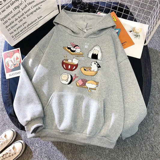 Cute Sushi Rice Ball Kitten Hooded Fleece Sweater
