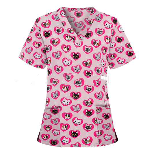 Nurse Uniform Pocket V-Neck Short-Sleeved T-Shirt