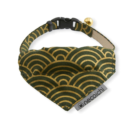 Necoichi Bandana Cat Collar with Air Tag Pocket (Gilded Wave Green) with bell safety breakaway soft lightweight for cats kitty kitten Japanese stylish pattern No.1 Seller in Japan