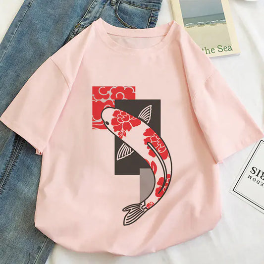 Japan Koi Fish Graphic Print T-shirt for Women
