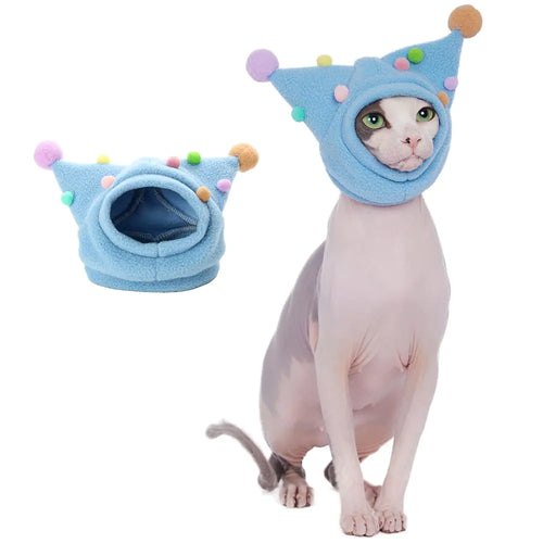 Cat Fleece Funny Hats with pom-poms Cats Warm Hats with Adjustable Straps Halloween Costume Hats for Cats Headwear for Cats Birthday (Blue S(Face Circle 7-9))