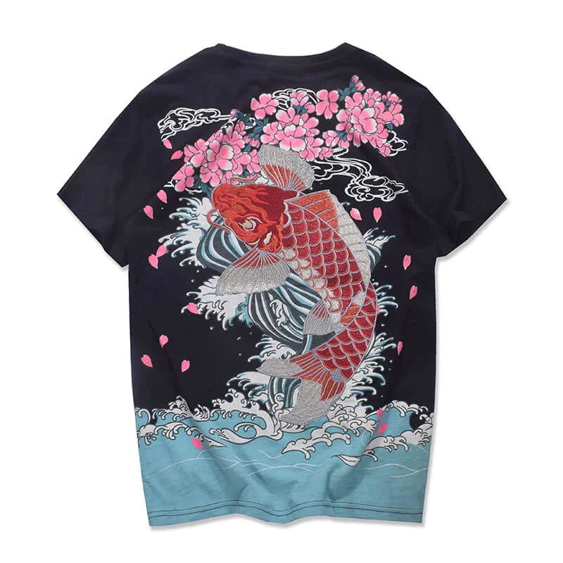 Embroidered Koi Fish T-Shirt with Short Sleeves