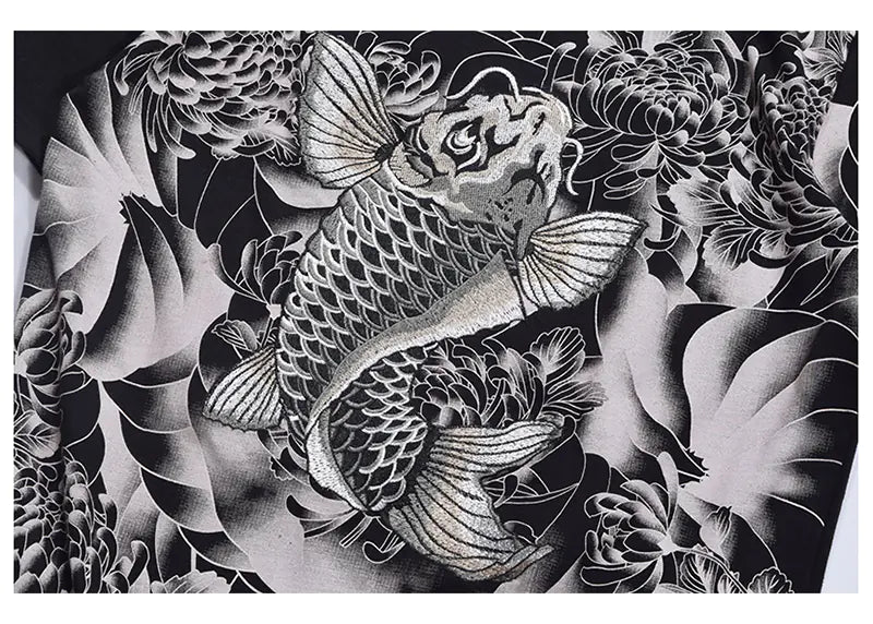 Japanese Retro Embroidered Koi Fish T-Shirt for Men