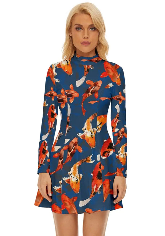 CowCow Womens Japanese Print Koi Fish Long Sleeve Velour Longline Dress - S