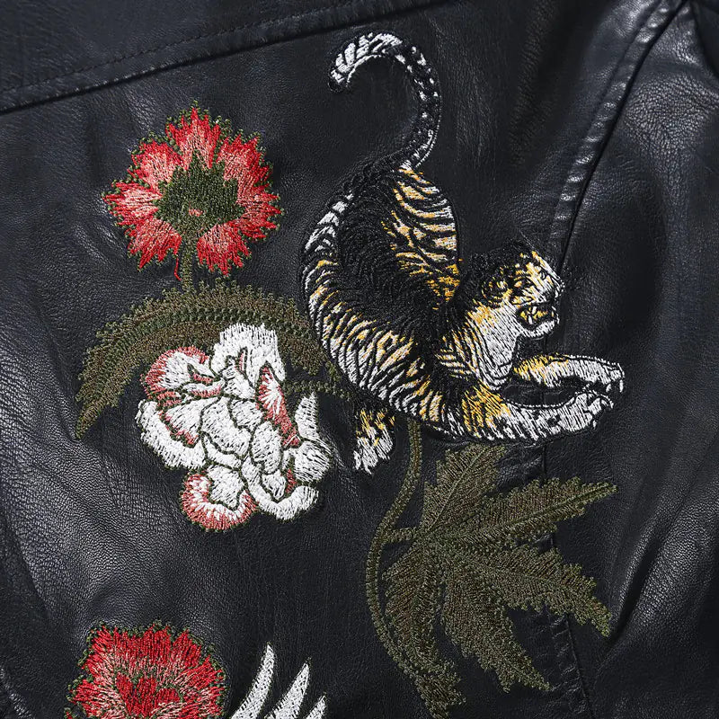 Embroidered Leather Jacket with Floral Design