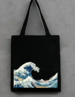 Single-Shoulder Canvas Tote Bag with Ukiyo-e Design