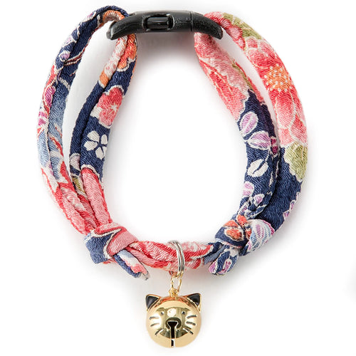 Necoichi Chirimen Hanabi Fireworks Cat Collar (Navy) with Bell Safety Breakaway Soft Lightweight for Cats Kitty Kitten Japanese Stylish Pattern No.1 Seller in Japan