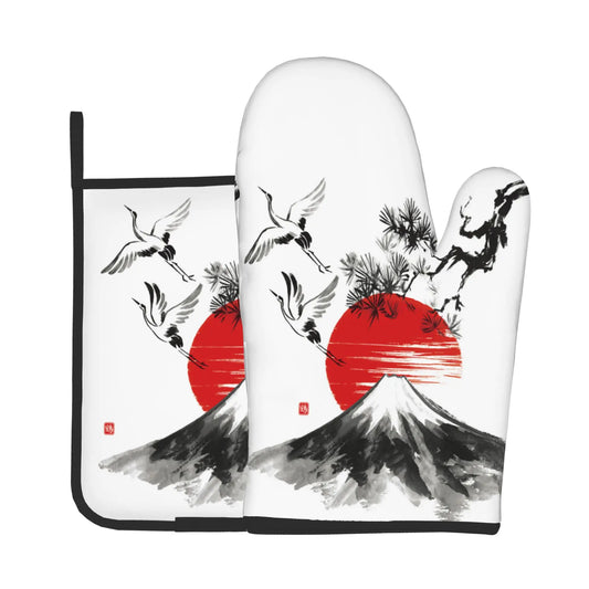 Sun Mount Fuji Japan Cranes Oven Mitts Pot Holders Set of 2 Kitchen Heat Resistant Hot Pads for Women Men Cooking BBQ Baking