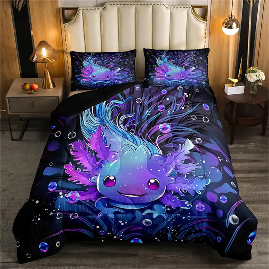 Feelyou Cute Axolotl Bedding Set Boys Girls Twin Size Salamander Comforter Set for Kids Women Men Ultra Soft Reptile Animal Comforter Ocean Sealife Duvet Set Room Decor Quilt Set