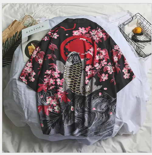 Loose-Fit Vintage Ukiyo-e Kimono Shirt for Men