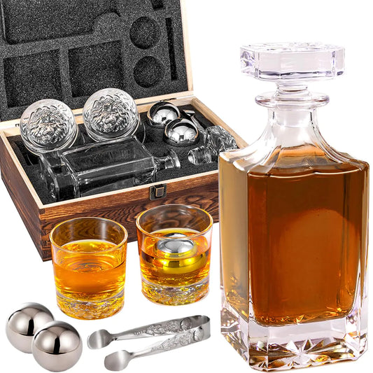 Whiskey Decanter Set with Wooden Box Lion Whiskey Glasses 10 oz and 25 oz Bourbon Decanter Set with 18/10 Stainless Steel Whiskey Stones Tongs Whiskey Gifts for Men Husband Dad Wedding