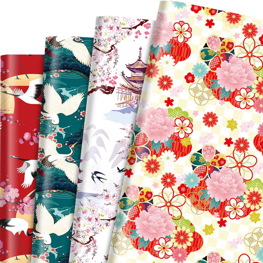 12 Sheets 20 x 28inch Japanese Gift Wrapping Paper with Line Art Ink Japanese Building Landscape Motives Cranes Sakura Birds Pattern Gift Wrap Paper