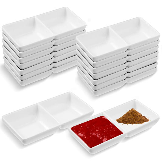 Tolare 16 Pcs Sauce Dish Dual Dipping Bowls Large Capacity Dual Sauce Bowls Soy Two Compartments Party Trays Divided Fondue Plates for Restaurant Kitchen Sushi Soy Sauce (White)