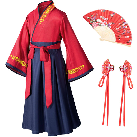 Asian Traditional Dress Kimono Robe for Kids Girls Costume Silk Folding Fans hairstick Cosplay(White Red 140cm