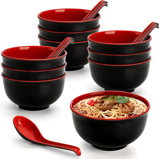 FISDEN 10 Pack Miso Soup Bowl with Spoon Unbreakable Melamine Noodle Soup Bowls 16 Oz BPA-Free Cereal Rice Bowl Japanese Restaurant Dinnerware for Salad Udon