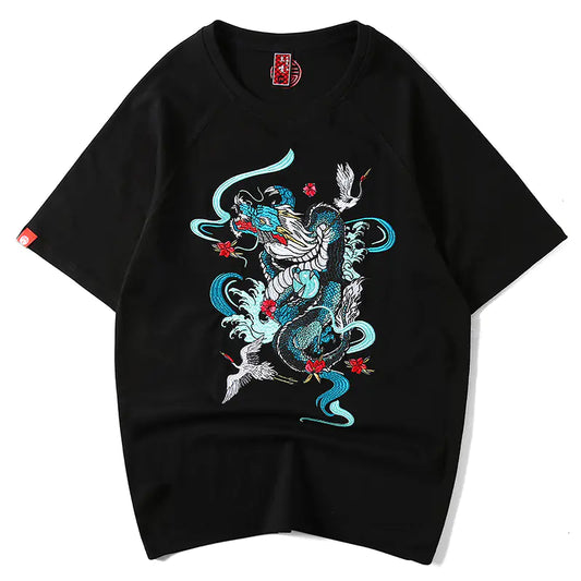 Men's Loose Fit Embroidered Dragon T-Shirt - Retro Style