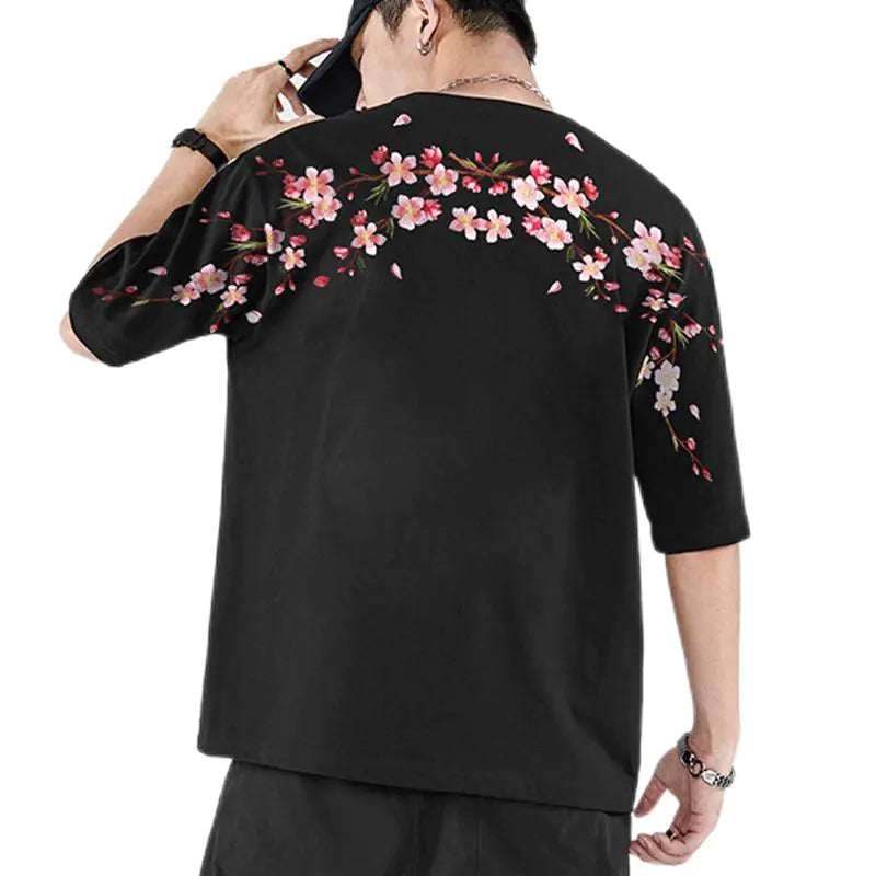 Japan Style Sakura Embroidery Men's Floral T-Shirt