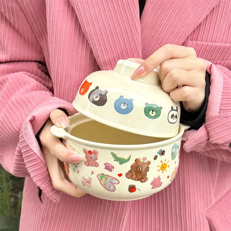 Kawaii Ceramic Cartoon Rice Bowl with Lid