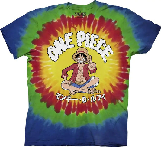 Ripple Junction One Piece Mens Short Sleeve T-Shirt Monkey D. Luffy Tie Dye Peace Sign Anime Crew Neck Multi Large