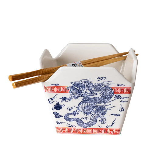 Urban Tokyo Chinese Takeout Box Style Porcelain Bowl With Chopsticks 18 fl oz Square Box Shape Rice Noodles Pasta To Go Box Shaped Bowl Microwave Dishwasher Safe (Oriental Dragon)