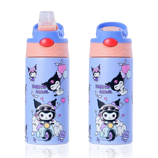 12oz Anime Water Bottle with straw Cartoon Reusable Double Walled Vacuum Metal Insulated Mug for Girls 500ml (purple)