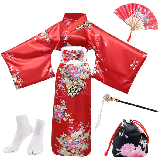 PLULON 5Pcs Japanese Kimono for Women Geisha Dress Yukata Japanese Robe Costume Blossom Satin Bathrobe with Drawstring Bag Hand Fan Hairpin Tabi Socks Set for Women