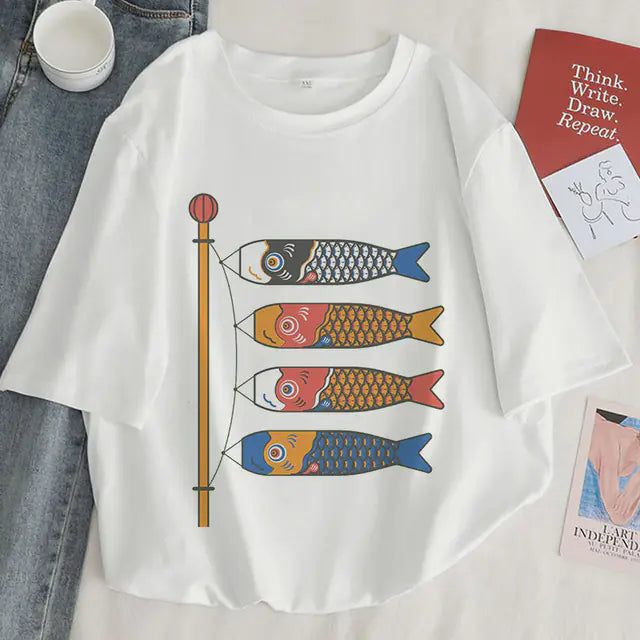 Japan Koi Fish Graphic Print T-shirt for Women