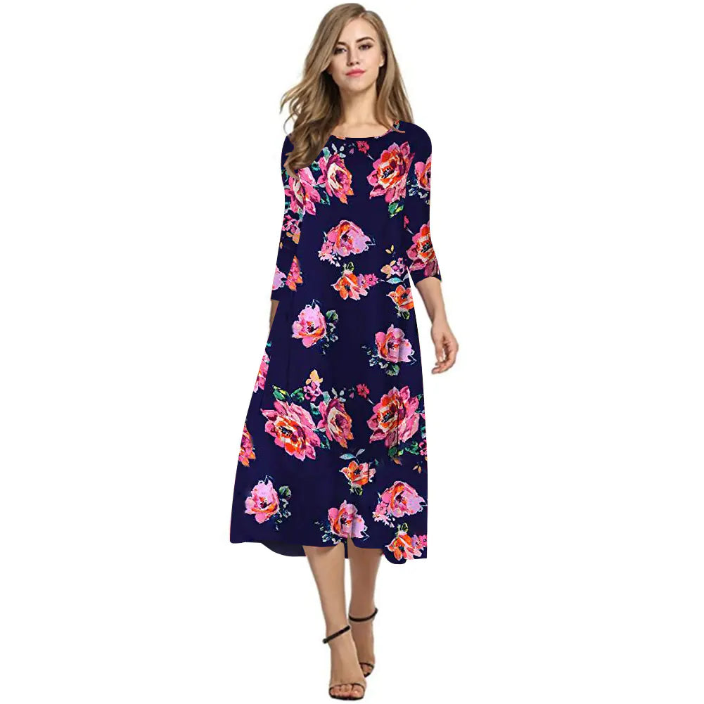 Elegant Printed Dress with Three-Quarter Sleeves