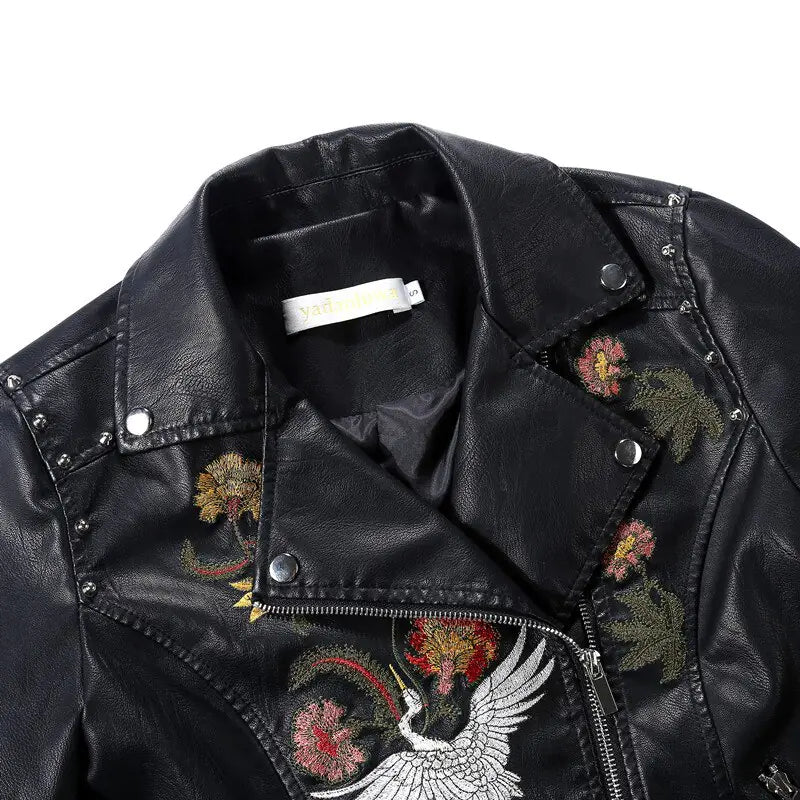 Embroidered Leather Jacket with Floral Design