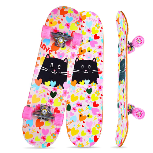 Skateboards for Beginners Kids Boys Girls Teens and Adults 31 Inch Complete Standard Skateboards with 7-Layer Maple Double Kick Deck Unicorn and Skull Design (Kitten)