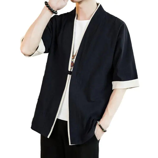 Japanese Style Men’s Cardigan Jacket with Color Panels