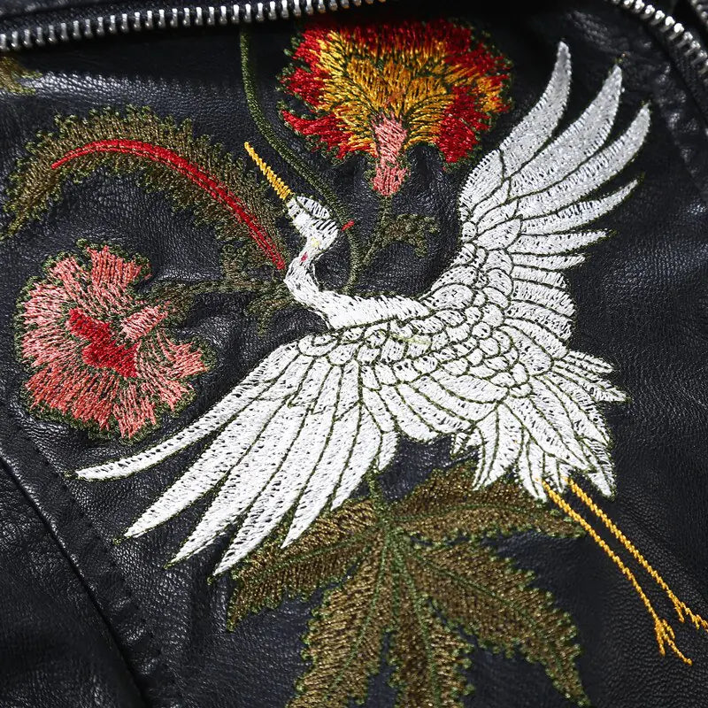 Embroidered Leather Jacket with Floral Design