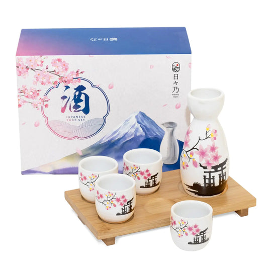 HIBINO Japanese Sake Set - 1 Tokkuri Bottle (5 Oz) & 4 Ochoko Cups (1.3 Oz) - 5pc Ceramic Sake Set with Serving Bamboo Tray - Traditional Japanese Gift Set -「Sakura Dream」