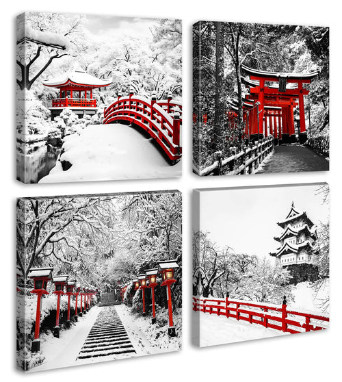 DJSYLIFE Japanese Wall Art - Asian Nature Landscape Black White and Red Canvas Prints Japanese Posters Winter Scenery Pictures Modern Artwork for Bedroom Living Room Home Decoration 12"X12"X4 Panels