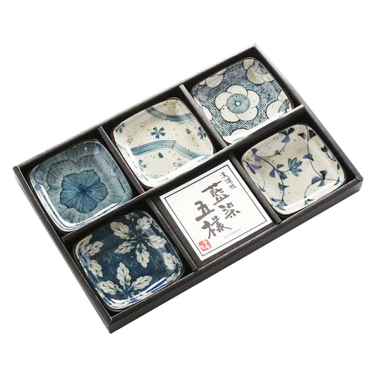 MINO WARE JAPAN Indigo  Small Plates set of 5 Soy Sauce Plate Seasoning Plate Appetizer Plates with Gift Box Made in Japan (Square Plate)
