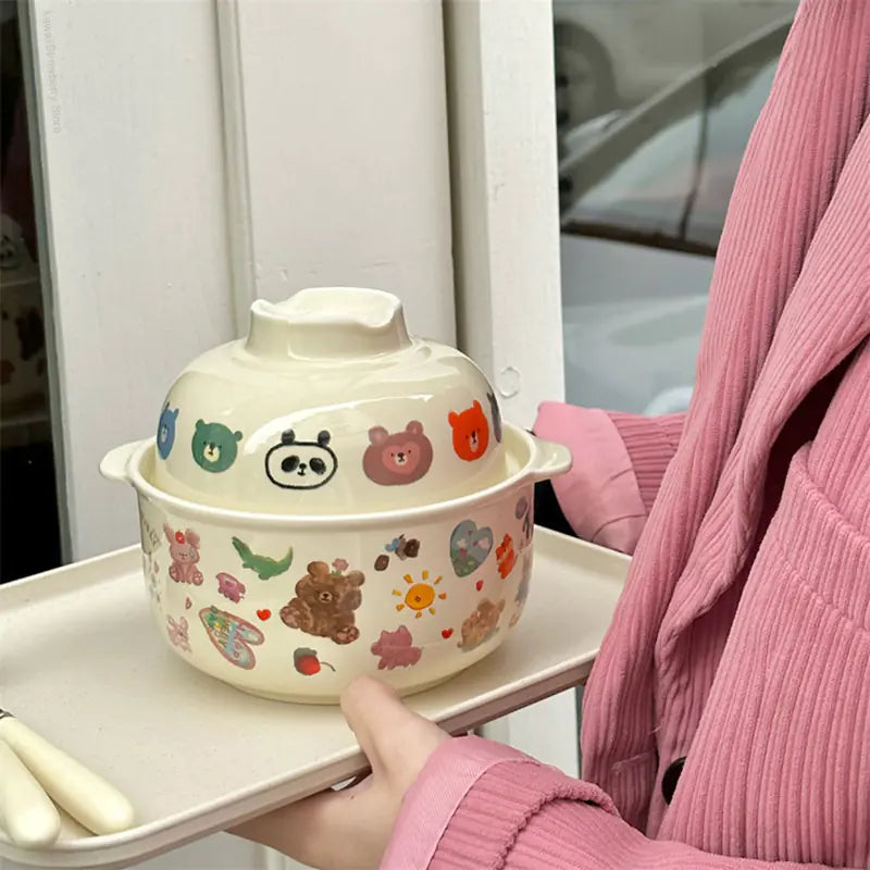 Kawaii Ceramic Cartoon Rice Bowl with Lid