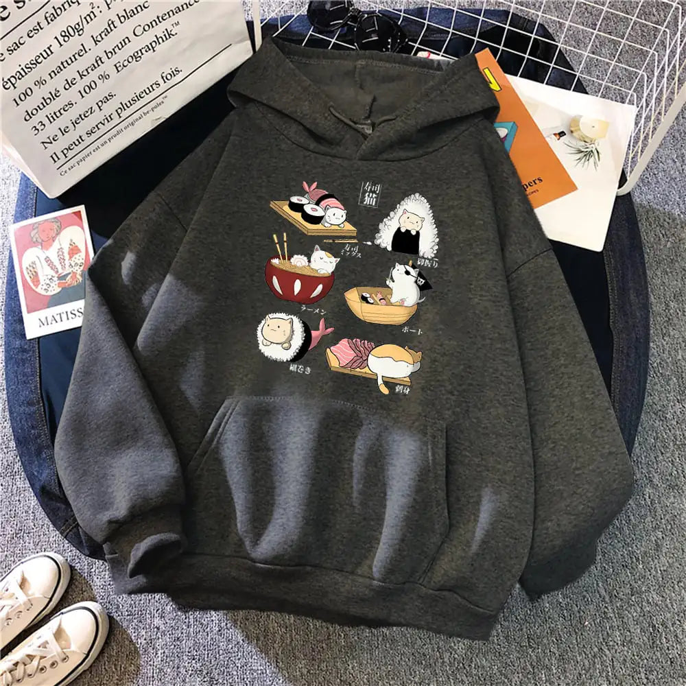 Cute Sushi Rice Ball Kitten Hooded Fleece Sweater