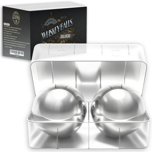 2 Premium XXL 55mm Stainless Steel Ice Whiskey Balls with Freezer Tray-Whiskey Rocks Chilling Stones Whiskey Stone Ice Cube Balls Round Chilling Spheres (Not Solid)