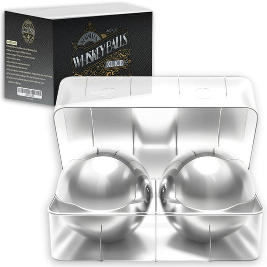 2 Premium XXL 55mm Stainless Steel Ice Whiskey Balls with Freezer Tray-Whiskey Rocks Chilling Stones Whiskey Stone Ice Cube Balls Round Chilling Spheres (Not Solid)