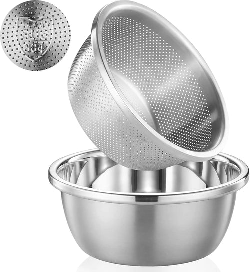 POPGRADE Stainless Steel Rice Washer Strainer Bowl Set Colander Strainer Bowl Set Rice Washing Bowl Colander Salad Mixing Bowl Strainers for Fruit Vegetable Washing 7.8 inch Pasta Drainer