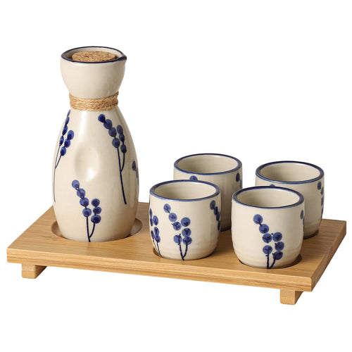 Mocerakai Ceramic Sake Set 5pcs Japanese Traditional Sake Set with 1 Sake Pot 4 Sake Cups Japanese Saki Cup Tokkuri Bottle Ochoko Carafe Soju Home Decoration Gift with Serving Bamboo Tray Dandelion