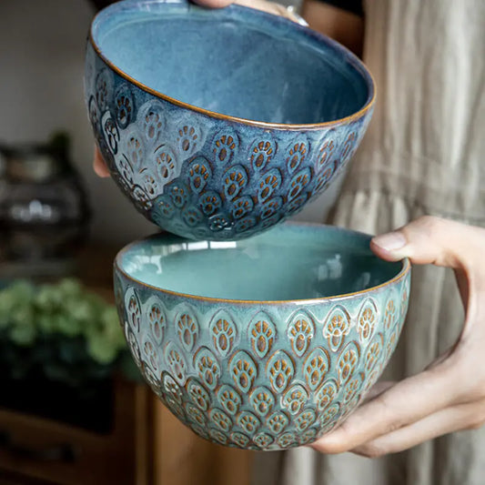 5-Inch Ceramic Peacock Relief Rice Bowl for Household Use