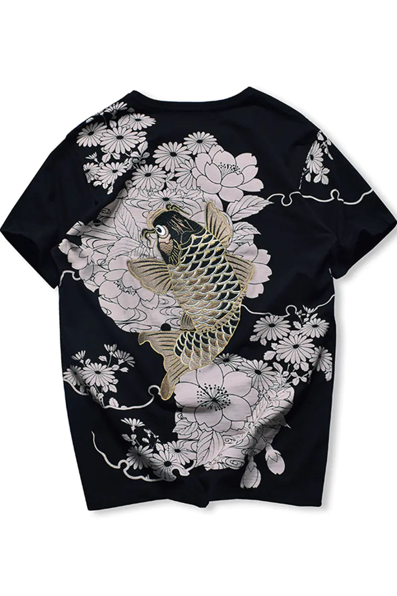 Japanese Ukiyo-e Embroidered Koi Fish T-Shirt (Plus Size)