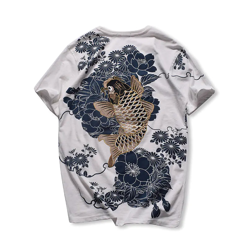 Japanese Ukiyo-e Embroidered Koi Fish T-Shirt (Plus Size)