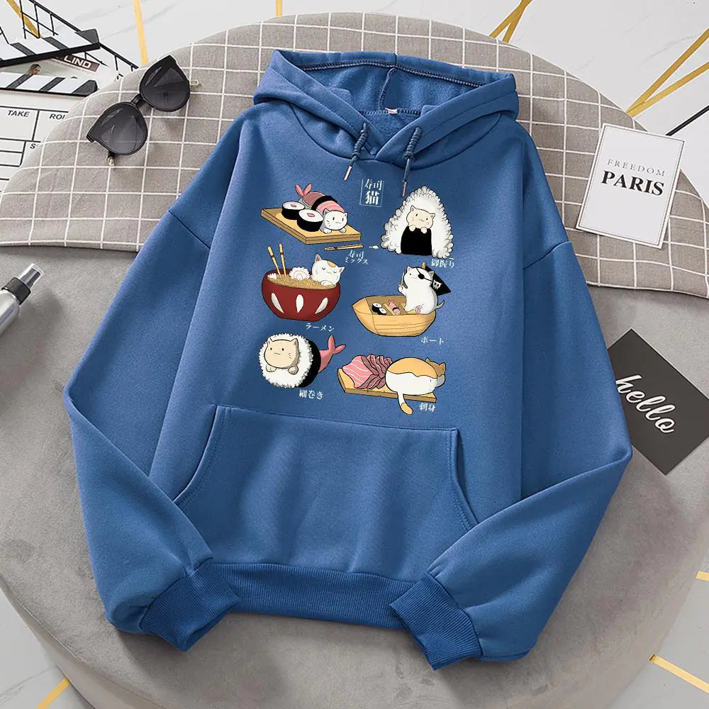 Cute Sushi Rice Ball Kitten Hooded Fleece Sweater