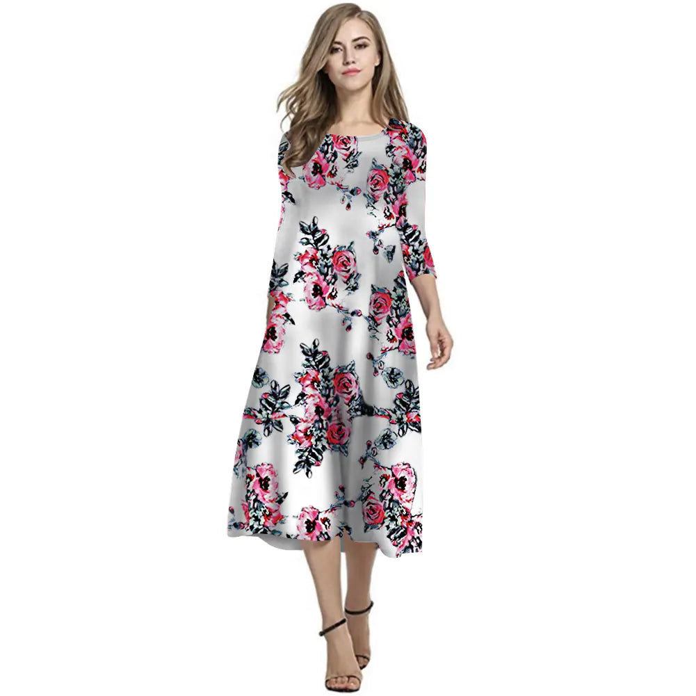 Elegant Printed Dress with Three-Quarter Sleeves