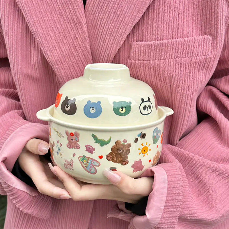 Kawaii Ceramic Cartoon Rice Bowl with Lid
